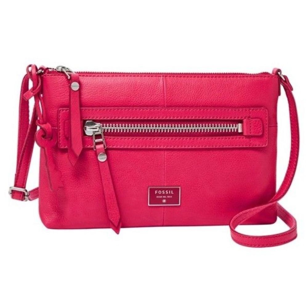 Fossil Womens Dawson Zipper Crossbody Bag Pink Leather Handbag